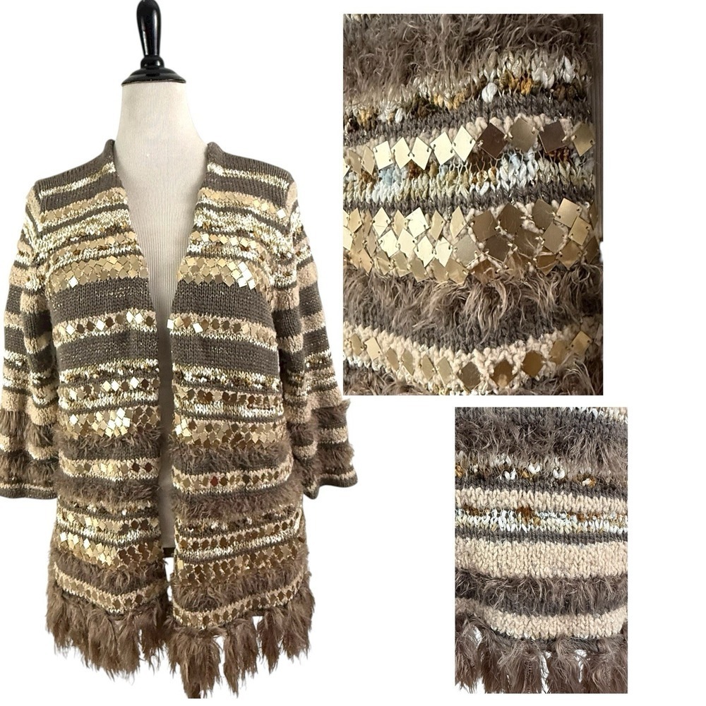 CHICOS Sequin CARDIGAN SWEATER XL 16 3 Petite Fringe Boho Chunky Southwestern